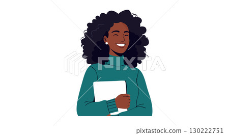 Happy young woman with curly hair holding book smiling cheerful expression vector illustration Happy young woman with curly hair holding book smiling cheerful expression vector illustration 130222751