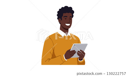 Young man using tablet with orange sweater digital lifestyle technology vector illustration 130222757