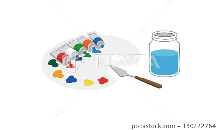 Artist paint palette with colorful acrylic paint tubes and blue jar vector illustration Artist paint palette with colorful acrylic paint tubes and blue jar vector illustration 130222764