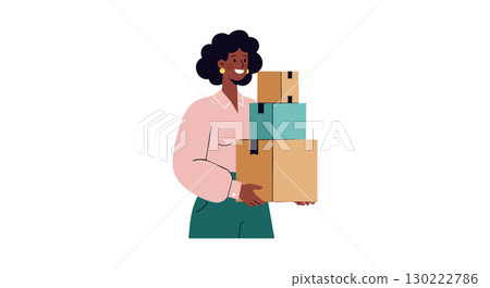 Woman carrying stacked cardboard boxes delivery or moving concept vector illustration 130222786