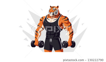 Muscular anthropomorphic tiger lifting dumbbells in sporty outfit vector illustration Muscular anthropomorphic tiger lifting dumbbells in sporty outfit vector illustration 130222790