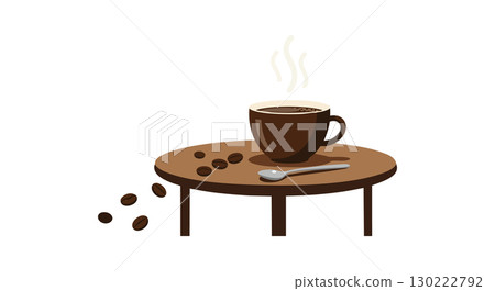 Coffee cup with spoon and scattered coffee beans on round table vector illustration brown tones 130222792