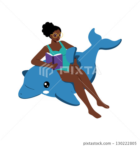 Woman Relaxing on Blue Dolphin Pool Float Reading Book Summer Leisure Activity Woman Relaxing on Blue Dolphin Pool Float Reading Book Summer Leisure Activity 130222805