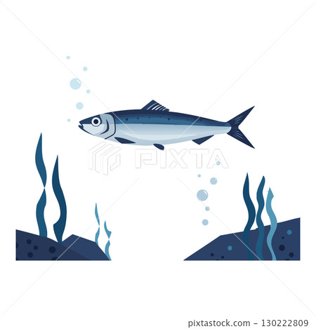Blue fish swimming underwater with seaweed and bubbles vector illustration Blue fish swimming underwater with seaweed and bubbles vector illustration 130222809