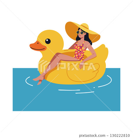 Woman in floral swimsuit relaxing on large yellow duck float in blue water vector illustration Woman in floral swimsuit relaxing on large yellow duck float in blue water vector illustration 130222810