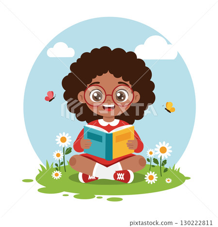 Happy girl with curly hair reading book outdoors on grass with butterflies and flowers Happy girl with curly hair reading book outdoors on grass with butterflies and flowers 130222811