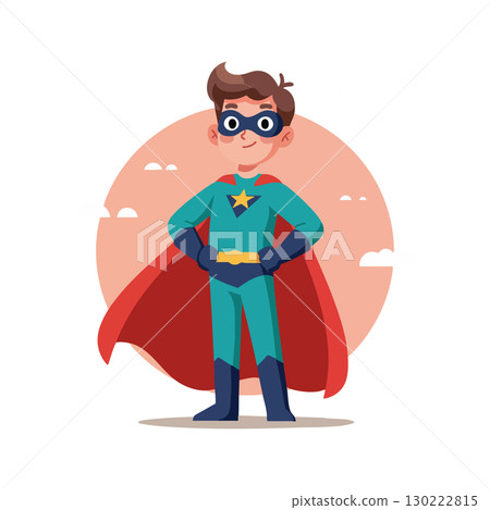 Boy superhero in blue costume with red cape standing confident vector illustration 130222815