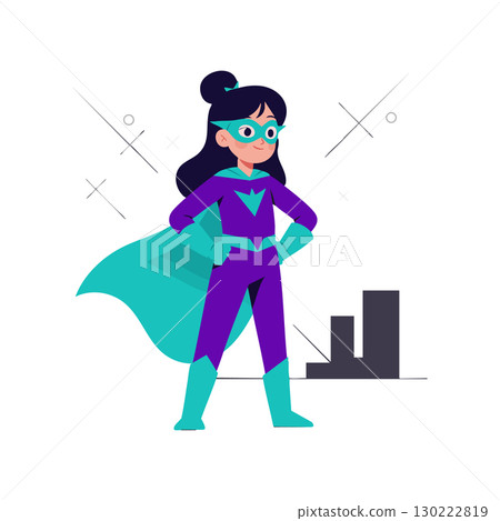 Girl superhero standing confident in purple and teal costume vector illustration for kids and comics 130222819