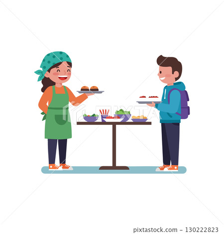 Two people sharing food at table in casual setting with colorful clothing vector illustration Two people sharing food at table in casual setting with colorful clothing vector illustration 130222823