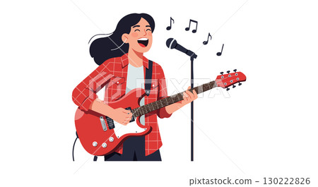 Female musician singing and playing red electric guitar with microphone vector illustration Female musician singing and playing red electric guitar with microphone vector illustration 130222826
