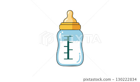 Baby feeding bottle with yellow nipple and blue liquid vector illustration 130222834
