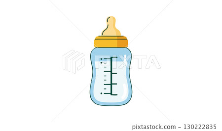 Baby feeding bottle with nipple and measurement marks blue and yellow vector illustration 130222835