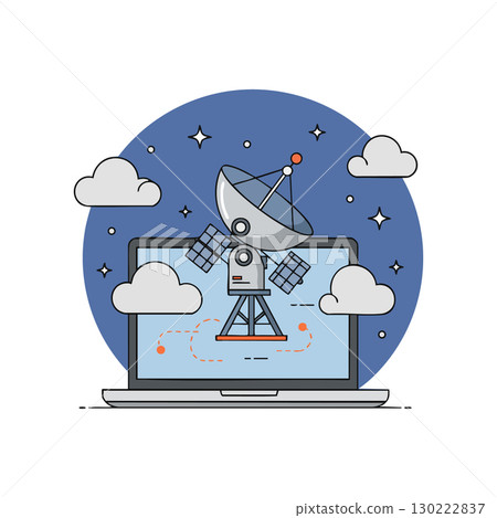 Satellite dish antenna on laptop screen technology communication vector illustration 130222837