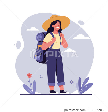 Female hiker with backpack and hat enjoying outdoor nature adventure in casual outfit Female hiker with backpack and hat enjoying outdoor nature adventure in casual outfit 130222839