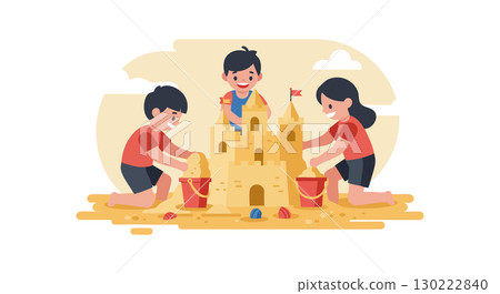 Children Building Sandcastle on Beach Playing Together Summer Fun Activity Vector Illustration Children Building Sandcastle on Beach Playing Together Summer Fun Activity Vector Illustration 130222840