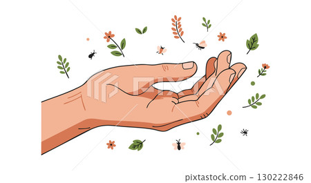 Human hand with small insects and leaves nature illustration in soft colors vector Human hand with small insects and leaves nature illustration in soft colors vector 130222846