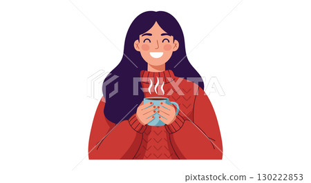 Woman enjoying hot beverage in red sweater smiling happily vector illustration 130222853