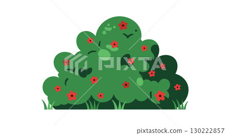 Green Bush with Red Flowers and Grass Vector Illustration in Flat Style 130222857