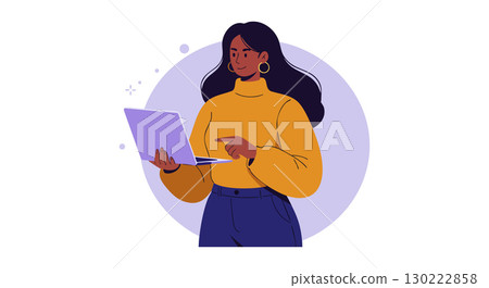 Woman working on laptop wearing orange sweater and blue pants vector illustration 130222858