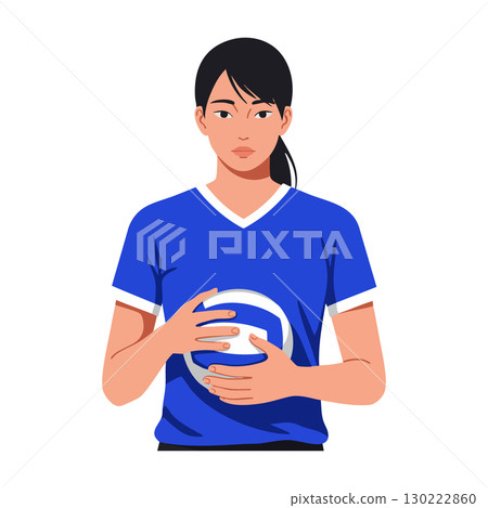Female Volleyball Player Holding Ball in Blue Jersey Focused on Sport Activity Vector Illustration Female Volleyball Player Holding Ball in Blue Jersey Focused on Sport Activity Vector Illustration 130222860