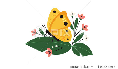 Yellow butterfly resting on green leaves with pink flowers vector illustration Yellow butterfly resting on green leaves with pink flowers vector illustration 130222862