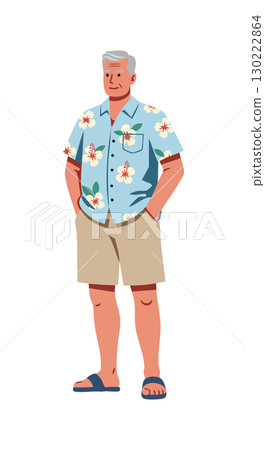 Man in Floral Shirt and Shorts Wearing Sandals Summer Casual Style Vector Illustration 130222864