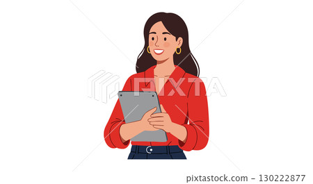 Young woman holding tablet in red shirt smiling casual lifestyle technology vector illustration 130222877