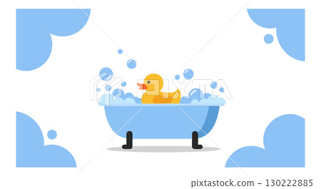 Rubber duck floating in blue bathtub with bubbles and water splash vector illustration 130222885