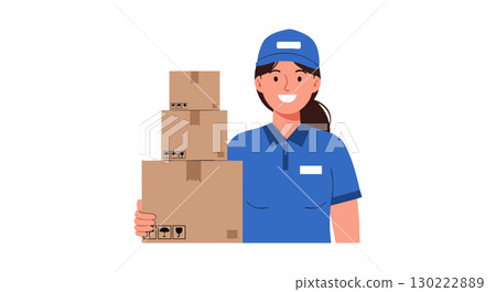 Delivery woman holding stacked cardboard boxes in uniform smiling vector illustration 130222889