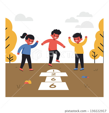 Children playing hopscotch outdoor autumn scene with yellow trees and clouds vector illustration 130222917