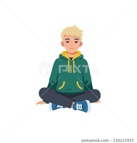 Young boy sitting cross-legged in green hoodie with yellow accents casual style vector illustration 130222935