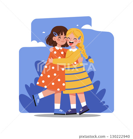 Two Girls Hugging in Colorful Dresses Illustration with Blue Background and Happy Expressions 130222940