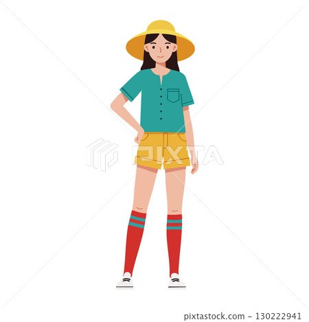 Young woman in yellow hat teal shirt and red socks casual summer style vector illustration Young woman in yellow hat teal shirt and red socks casual summer style vector illustration 130222941