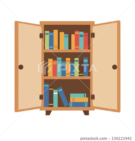 Wooden bookshelf with colorful books inside open cabinet vector illustration 130222942