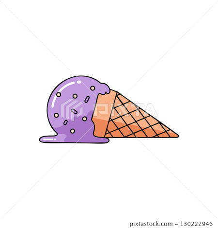 Melting purple ice cream scoop with waffle cone vector illustration dessert treat snack 130222946