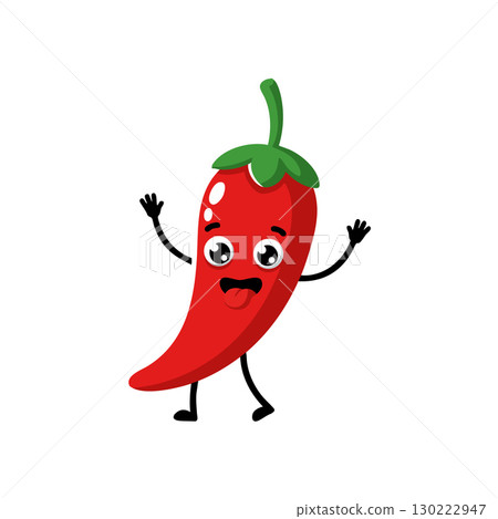 Red chili pepper cartoon character happy smiling vector illustration with green stem and playful pose 130222947