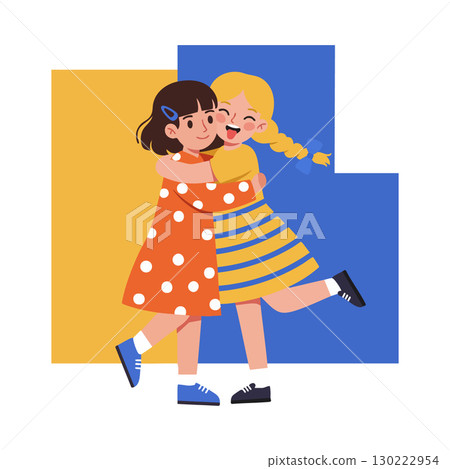 Two girls hugging joyfully in colorful dresses with blue and yellow background vector illustration 130222954