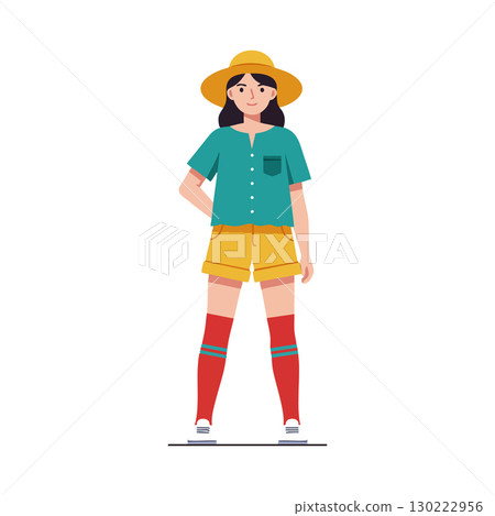 Young woman wearing yellow hat teal shirt yellow shorts and red socks vector illustration casual style Young woman wearing yellow hat teal shirt yellow shorts and red socks vector illustration casual style 130222956
