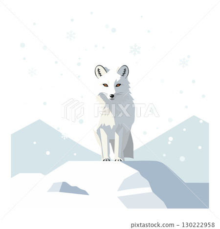 Arctic fox standing on snow-covered rock with snowy mountains and snowflakes vector illustration Arctic fox standing on snow-covered rock with snowy mountains and snowflakes vector illustration 130222958