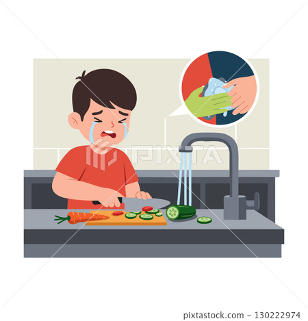 Child crying while cutting vegetables with handwashing hygiene reminder in kitchen vector illustration 130222974