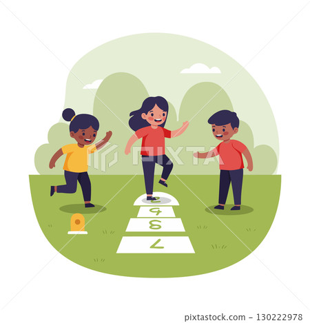 Children Playing Hopscotch Outdoor Activity on Green Grass in Park Environment 130222978