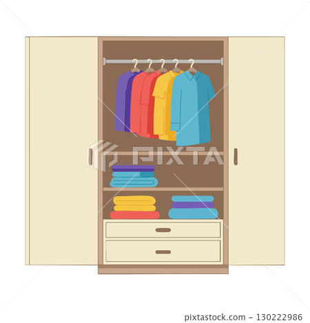 Wardrobe with colorful hanging shirts and folded clothes organized in closet space vector illustration Wardrobe with colorful hanging shirts and folded clothes organized in closet space vector illustration 130222986
