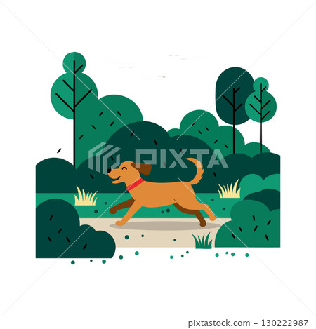 Dog running happily on green park trail with bushes and trees vector illustration Dog running happily on green park trail with bushes and trees vector illustration 130222987
