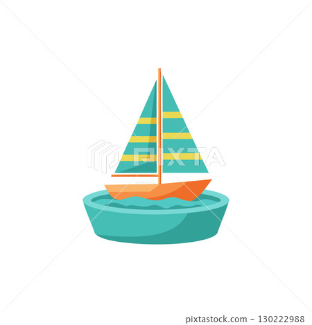 Toy sailboat with striped sails floating in small blue basin vector illustration 130222988