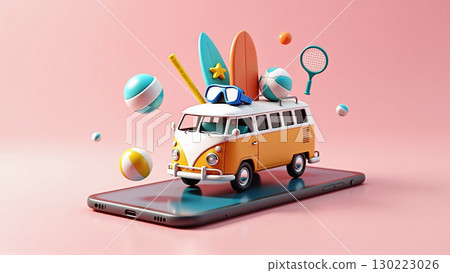 camper van on a smartphone screen shows easy online booking - ai generated 130223026