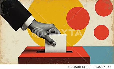 A hand casting a ballot into a box, symbolizing voting in an election for a political party. Represents civic duty and democratic participation 130223032