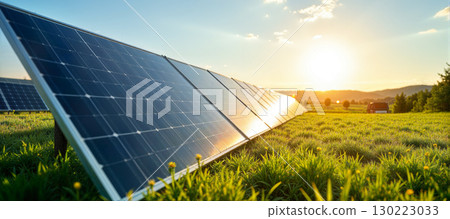 Solar panels on a rural meadow at sunset, harnessing sustainable energy and driving the shift to renewable resources 130223033