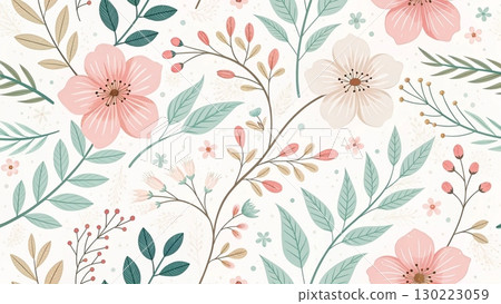 Pastel-toned flowers minimal soft lines digital art background 8K 130223059