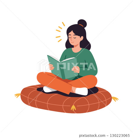 Woman Relaxing Reading Book Sitting Crosslegged on Round Cushion Vector Illustration Woman Relaxing Reading Book Sitting Crosslegged on Round Cushion Vector Illustration 130223065