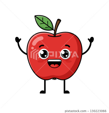 Red apple cartoon character with happy face and green leaf vector illustration 130223066